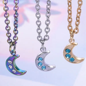 Rainbow gold stainless steel moon pendant necklaces with rhinestones in three colors