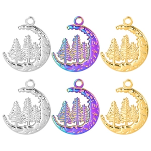 Stainless Steel Moon Tree Pendant Necklace Creative Hollow Out Forest Scene Vacuum Plated Gold Silver Colorful Jewelry