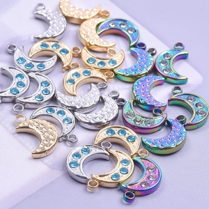 18K gold plated crescent moon pendants with rhinestones in gold silver and rainbow colors