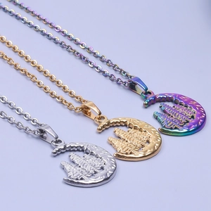 Minimalist moon and forest tree necklaces in gold, silver, and rainbow stainless steel