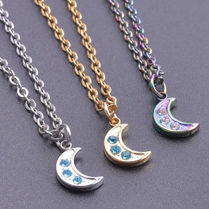 18K gold plated stainless steel crescent moon pendant necklaces with sparkling crystals