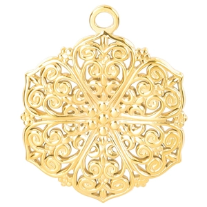 Detail van een holle gouden roestvrijstalen bloemenhanger met verfijnd snijwerk