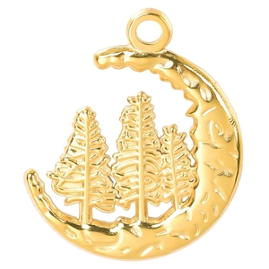 Macro shot of gold crescent moon pendant featuring intricate hollow pine tree designs
