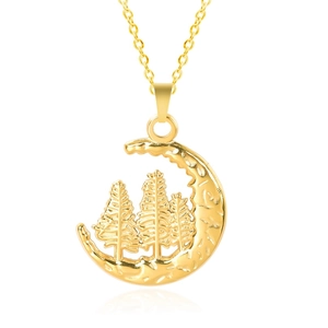 Macro shot of gold moon crescent pendant with embossed pine trees on an O-chain necklace