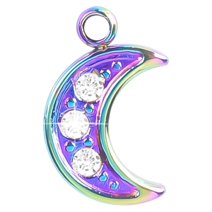 Rainbow 18K gold stainless steel crescent moon pendant with three white zircon stones