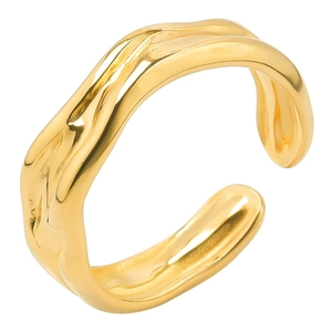 Minimalist gold titanium steel open ring with irregular lava wave texture and mirror finish