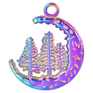 Iridescent stainless steel crescent moon and forest trees necklace pendant for women