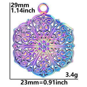 Regenboog roestvrijstalen mandala bloem hanger met gedetailleerde afmetingen en gewicht
