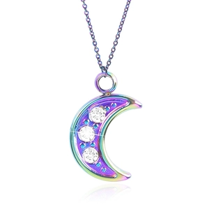 Rainbow crescent moon pendant with three white gemstones on a thin necklace chain