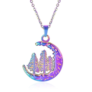 Detailed macro view of the iridescent crescent moon pendant with pine tree silhouette