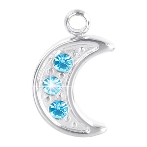 Detailed view of silver crescent moon pendant with three blue zircons and top ring loop