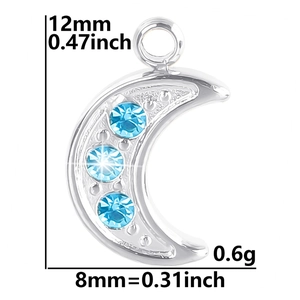 Detailed dimensions of moon pendant with blue rhinestones showing 12mm height and 8mm width