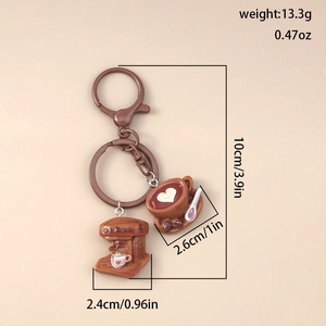 Detailed view of coffee machine and latte charms with measurements and weights