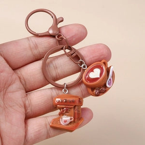 Creative coffee maker and latte cup keychain set with brown metal ring and lobster clasp