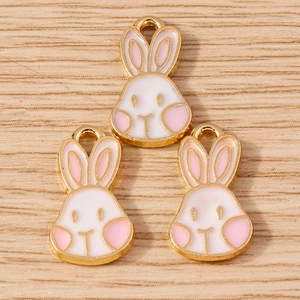 Three cute rabbit head charms with pink enamel and gold plating for DIY jewelry making