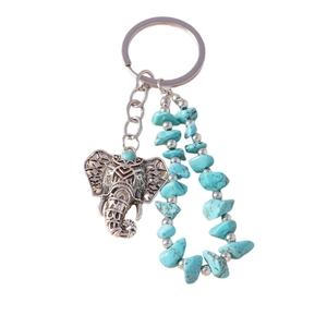 Ethnic style silver elephant keychain with turquoise stones and a metal keyring accessory