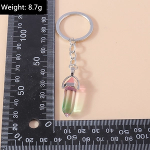 Detailed close-up of a pink and green gradient hexagonal crystal pendant keychain