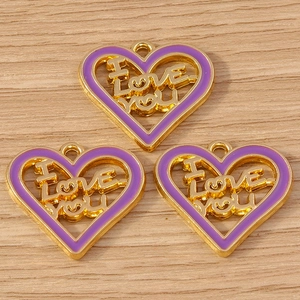 Golden heart pendants with purple enamel and I Love You hollow engraving for DIY jewelry