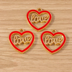 Set of 3 romantic golden and red enamel heart charms with love inscription