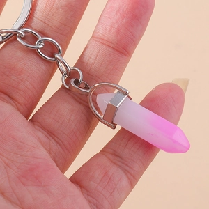 Minimalist hexagonal pillar keychain featuring pink and white gradient resin pendant on ring