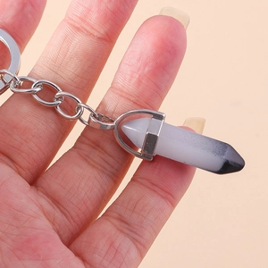 Minimalist hexagonal prism keychain with black and white gradient stone pendant