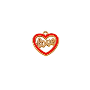 Golden heart charm with red enamel and hollow LOVE lettering for DIY jewelry making