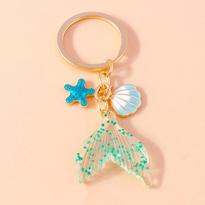 Detailed close-up of mermaid tail keychain with green sequins and golden shell charms