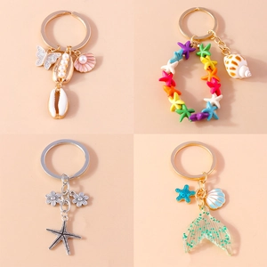 Summer Marine Theme Alloy Keychain Starfish Mermaid Tail Shell Butterfly Pendant Key Ring For Women Girls Fashion Accessory