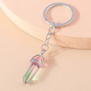 Detail view of hexagonal crystal keychain with pink-green gradient and silver ring
