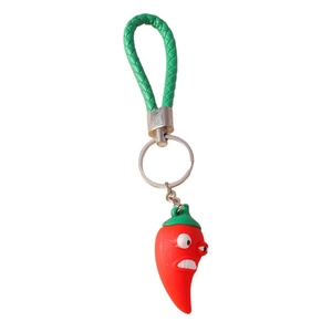 Porte-clés piment rouge drôle avec dragonne tressée verte et boucle en métal