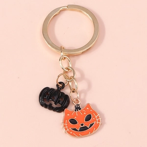 Detail of Halloween keychain with black and orange enamel pumpkin charms on gold ring