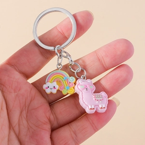 Cute rainbow and pink alpaca keychain with silver ring for backpacks and bags