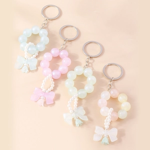 Sweet Beaded Bow Keychain With Faux Pearl Flower Pendant Frosted Acrylic Bag Charm Fashion Key Ring For Women Girls Gift
