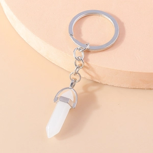 Macro detail of hexagonal white crystal bullet pendant keychain on round display