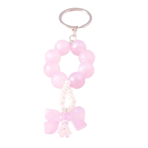 Sweet pink beaded bow keychain with pearls and flower pendant for backpack decoration