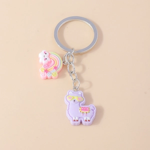 Close-up of cute purple alpaca keychain with heart sunglasses and rainbow pendant