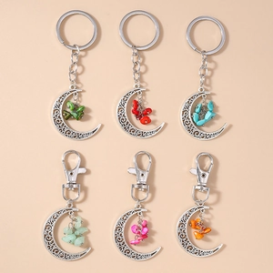 Ethnic Hollow Crescent Moon Keychain Bohemian Style Zinc Alloy Key Ring With Colorful Stone Beads Pendant For Women Bag Accessories