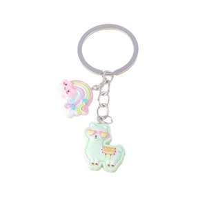 Cute cartoon rainbow alpaca keychain pendant with smiling cloud on white background
