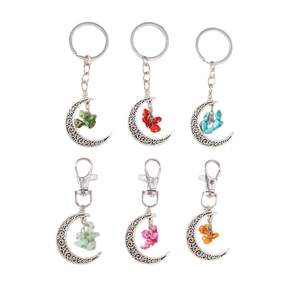 Ethnic crescent moon keychains set with vintage silver hollow design and colorful stones
