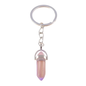 Minimalist lavender hexagonal crystal bullet keychain with silver metal ring and chain