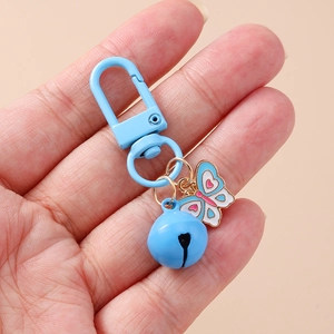 Blue butterfly keychain with enamel pendant and bell on a metal D-ring clasp