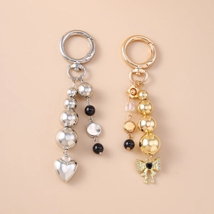 Exquisite Beaded Keychain With Bow Heart Pendant Alloy Resin Rhinestone Bag Charm Key Ring For Women Jewelry Gift