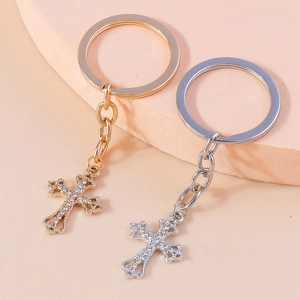 Detailed macro view of gold and silver rhinestone cross keychains with metallic ring