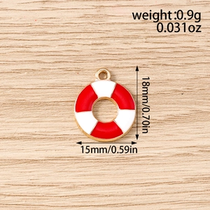 Detailed view of red and white enamel lifebuoy charm with 18mm height and 15mm width