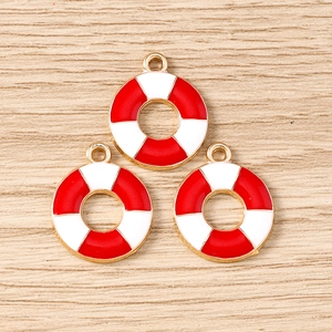 Set of 3 gold alloy lifebuoy charms with red and white enamel for DIY jewelry making