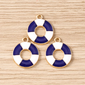 Three nautical lifebuoy enamel pendants in blue and white with gold hanging loops