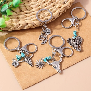 Bohemian Retro Cow Skull Elephant Metal Keychain Turquoise Flower Bag Pendant Ethnic Style Accessories For Women Men