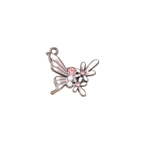 Pendentif papillon raffiné avec strass roses et émail blanc dans un cadre argenté
