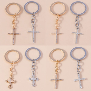 Fashion Alloy Rhinestone Cross Keychain Trendy Gold Silver Plated Crucifix Backpack Pendant For Women Men Religious Jewelry Gift