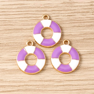 Three purple and white lifebuoy charms with gold metal edges for DIY jewelry making
